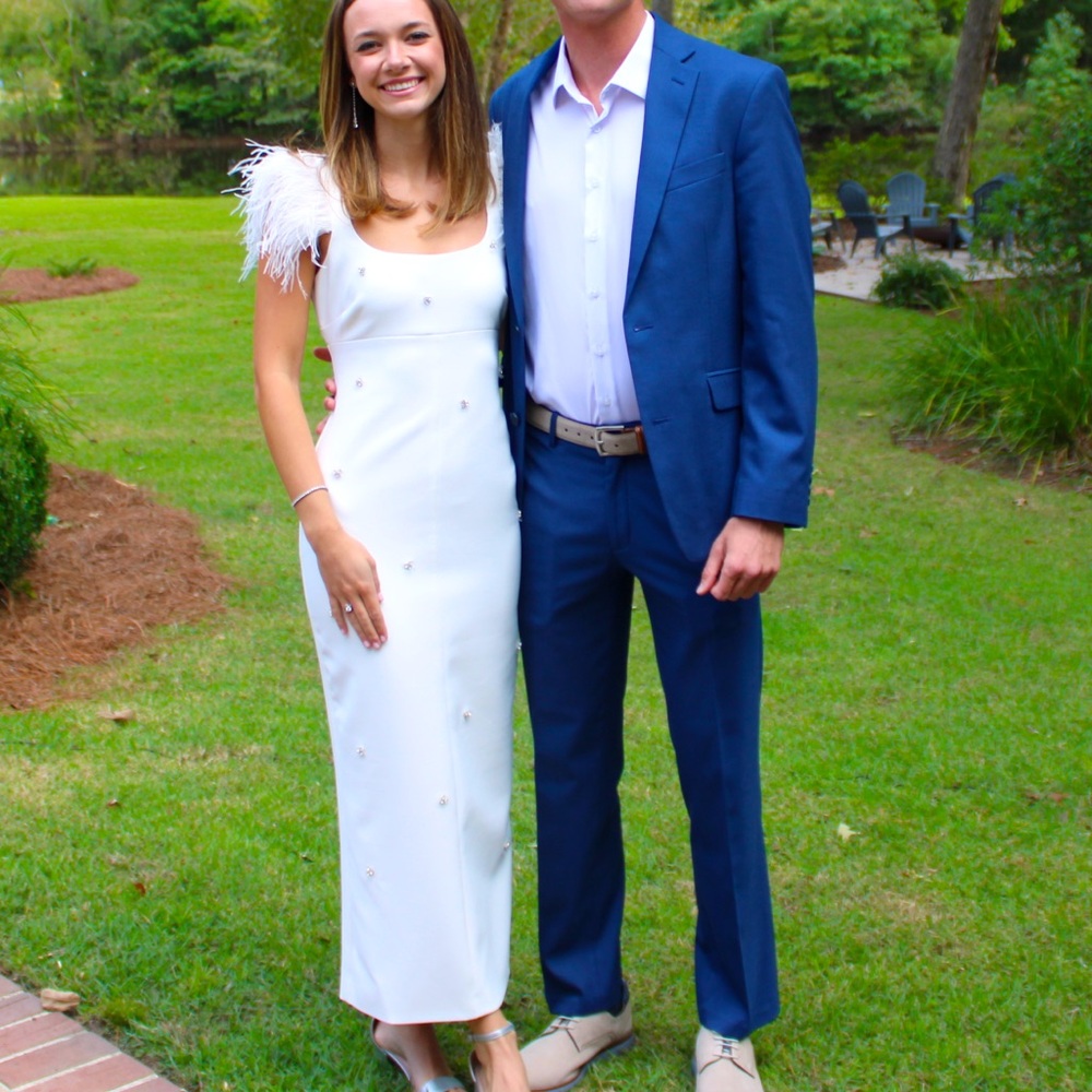 Likely Cameron White Midi Dress with Feather Accents
